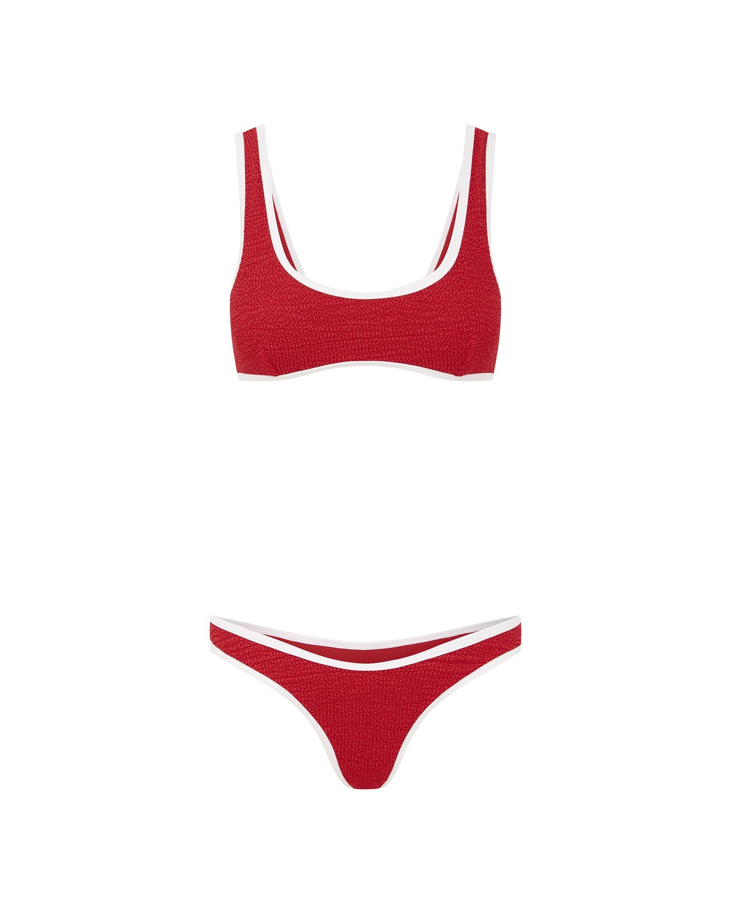 Studio image of the 90s Duo Crop top in Red and White Crimp, showcasing its scooped neck design and white contrast edging.