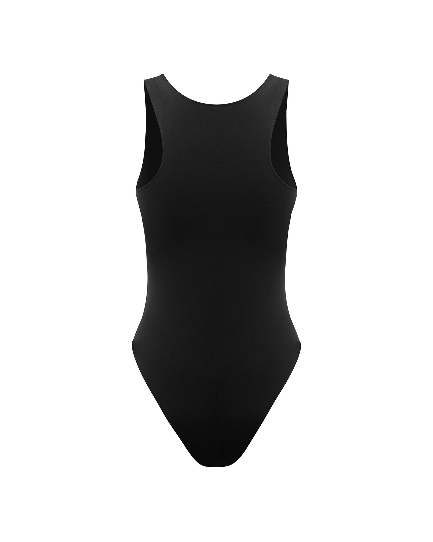 Studio image of the back of the Contour Bodysuit in Black, featuring its racer back fit and moderate bottom coverage.