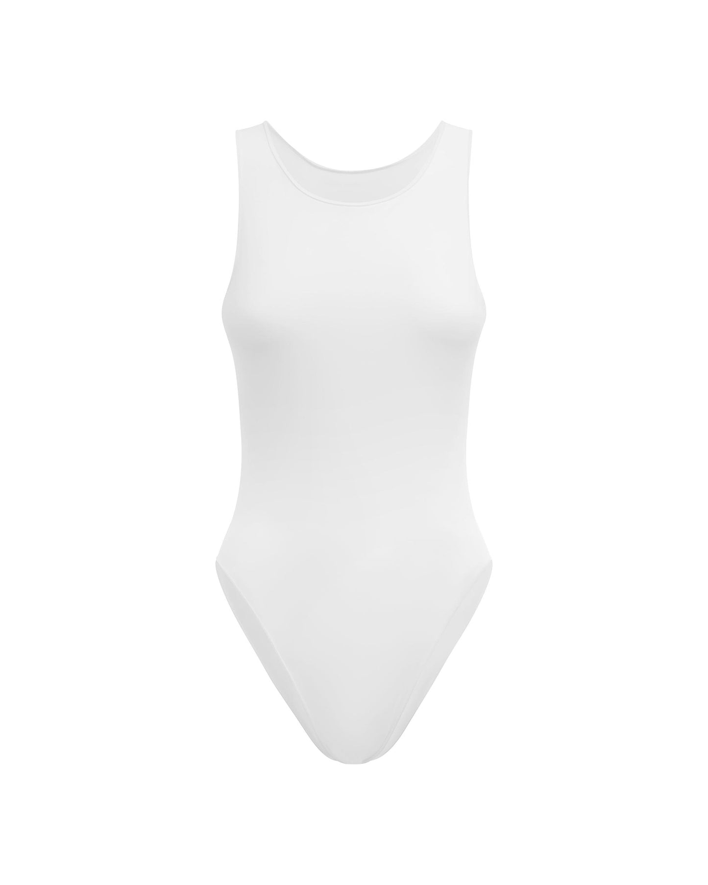 Studio image of the Contour Bodysuit in White, showcasing its high neckline and low cut armholes.