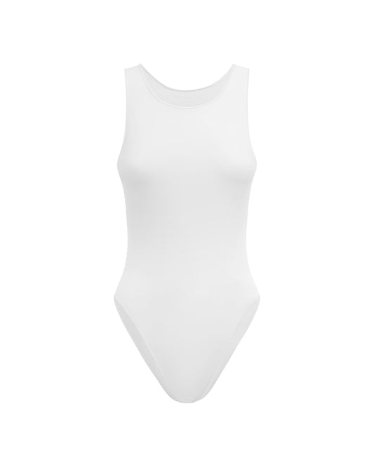 Studio image of the Contour Bodysuit in White, showcasing its high neckline and low cut armholes.