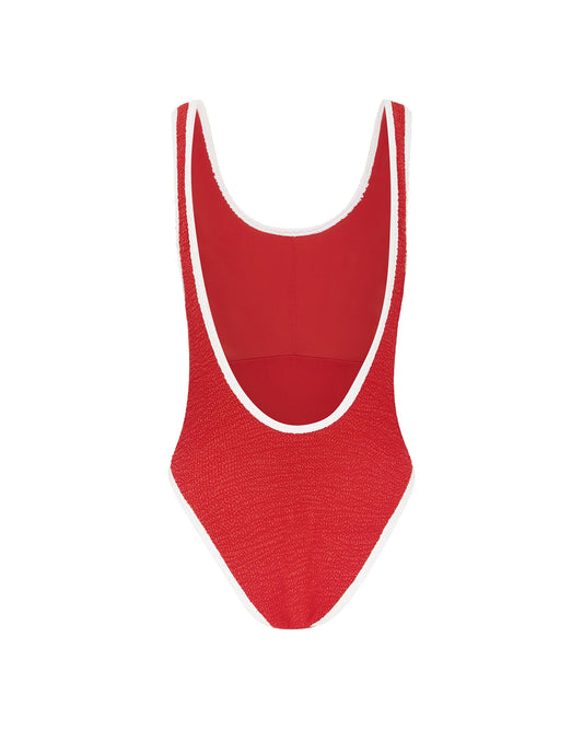 Studio image of the back of the showtime duo one piece in red and white crimp, featuring its low back cut and cheeky coverage.