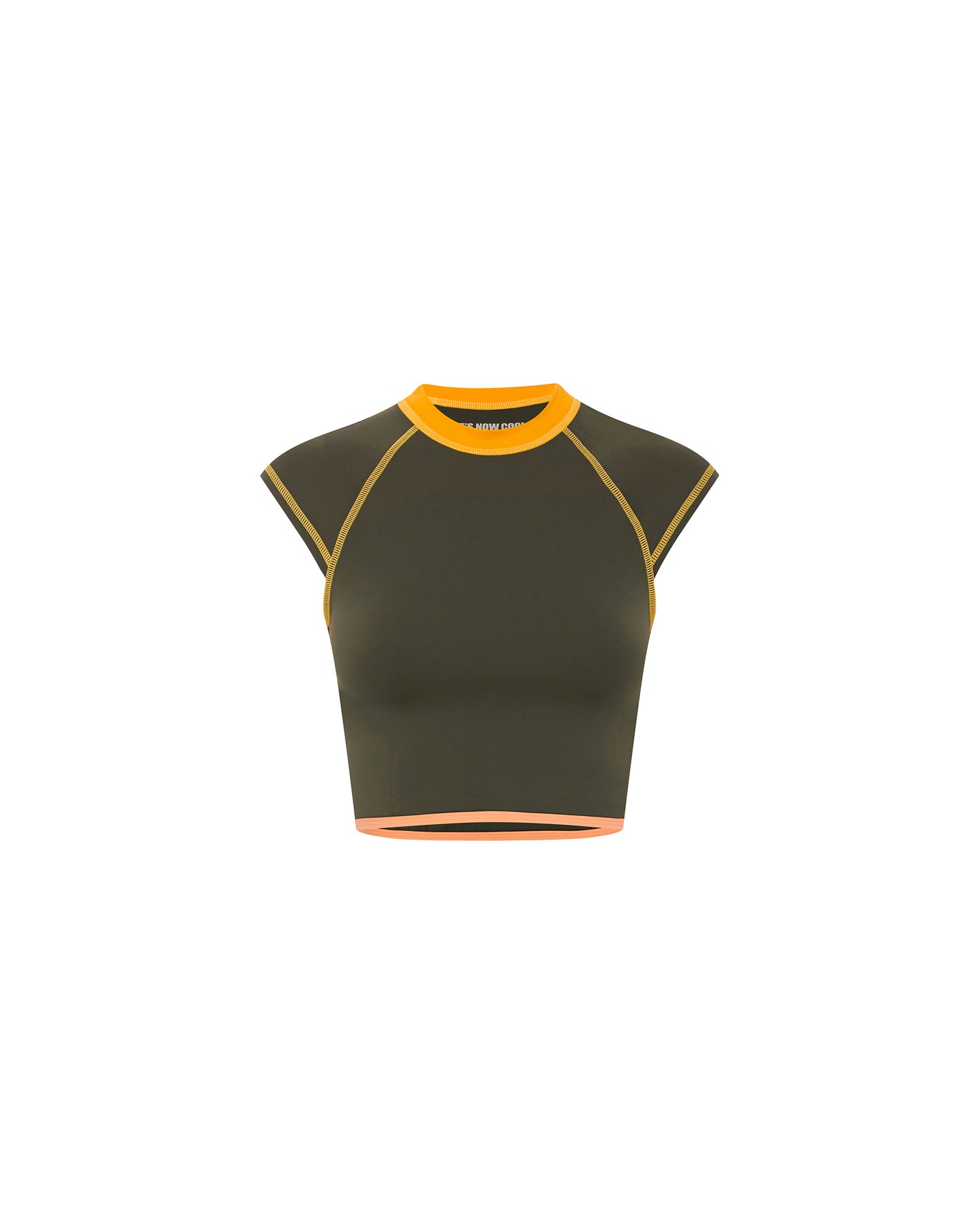 Studio image of the Contour Tee in Peaches, showcasing its cropped fitted design.