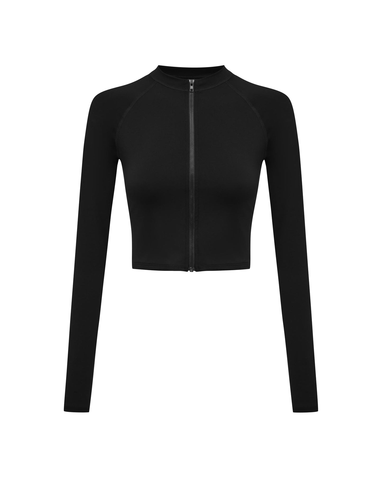 Studio image of the Contour Rashguard in Black, highlighting its zip up design and cropped body.