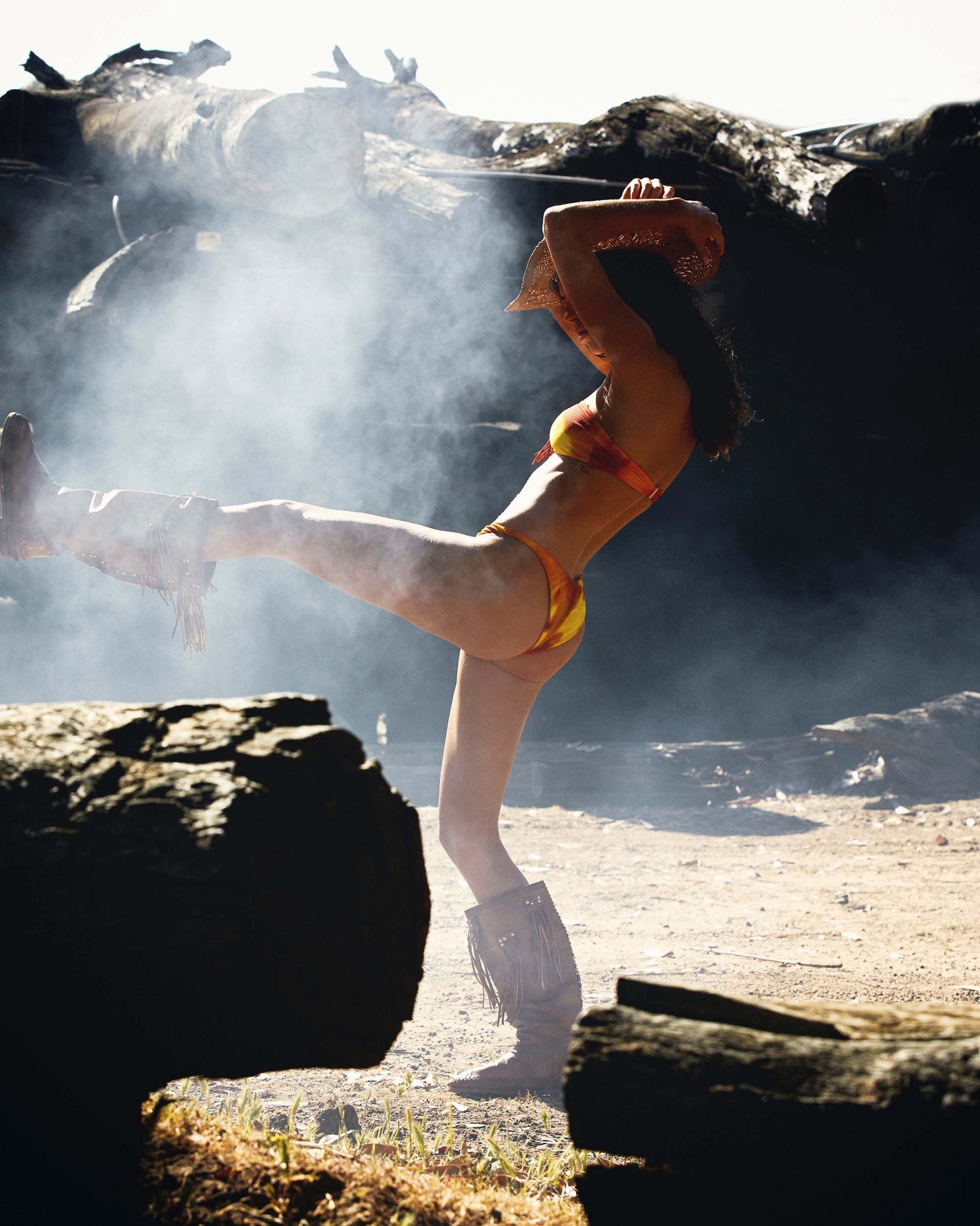 Lifestyle shot of the Bandeau Top - Ablaze. 