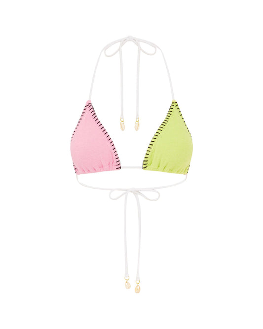 Studio image of the Triangle Top in Bodhi, featuring its contrasting pastel colors and crocheted stitched edges. 