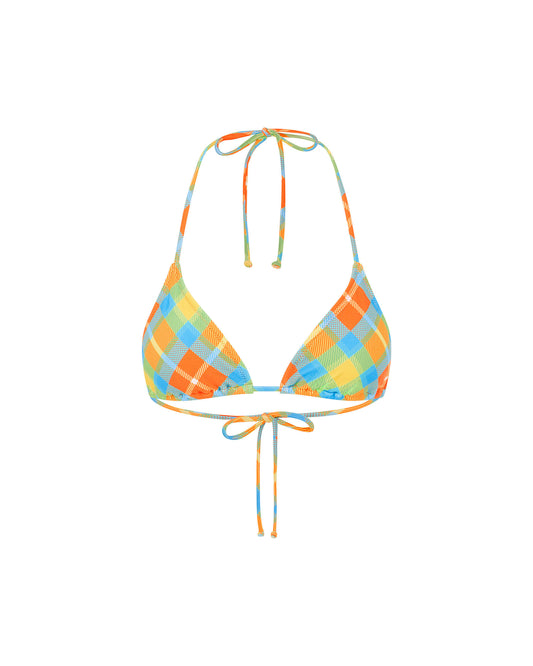 Studio image of the Triangle Top in Cuadros, featuring its vibrant orange and blue tartan print and adjustable ties. 