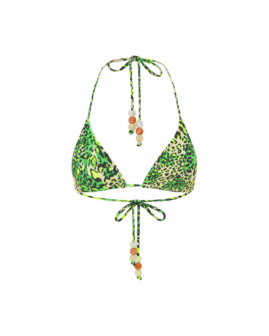 Studio image of the Triangle Top in Iguana, featuring its triangle halter-neck top and green animal print design.  