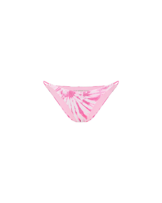 Studio image of the String Pant in Dynamite Crimp, highlighting its pink tie-dye design. 