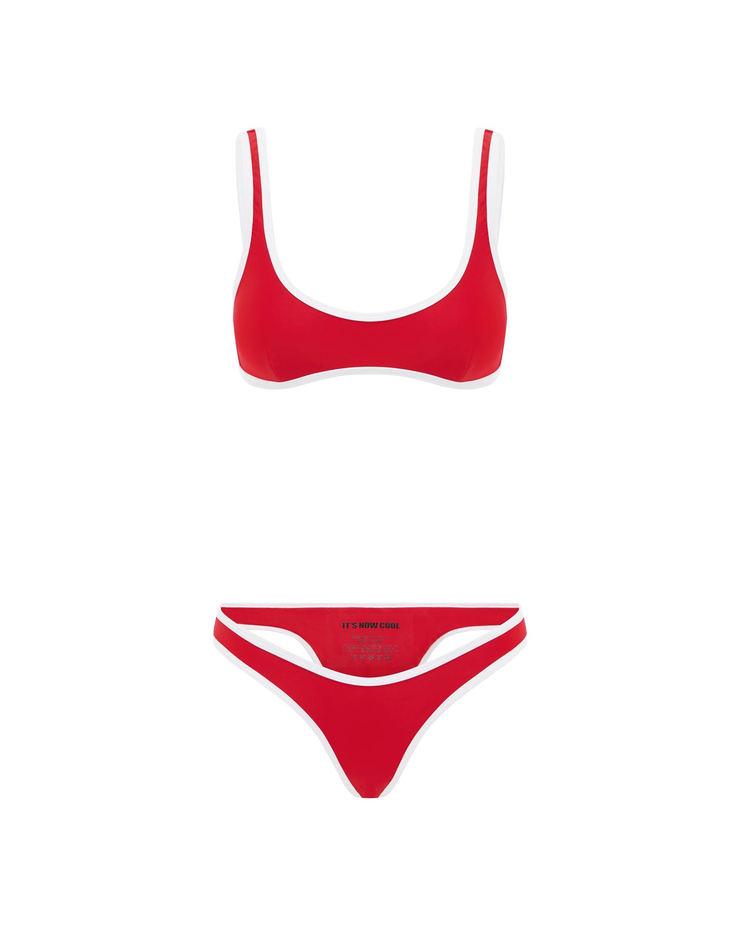 Studio image of the 90s Duo Crop in Red and White Contrast, showcasing its scooped neck and contrast binding. 