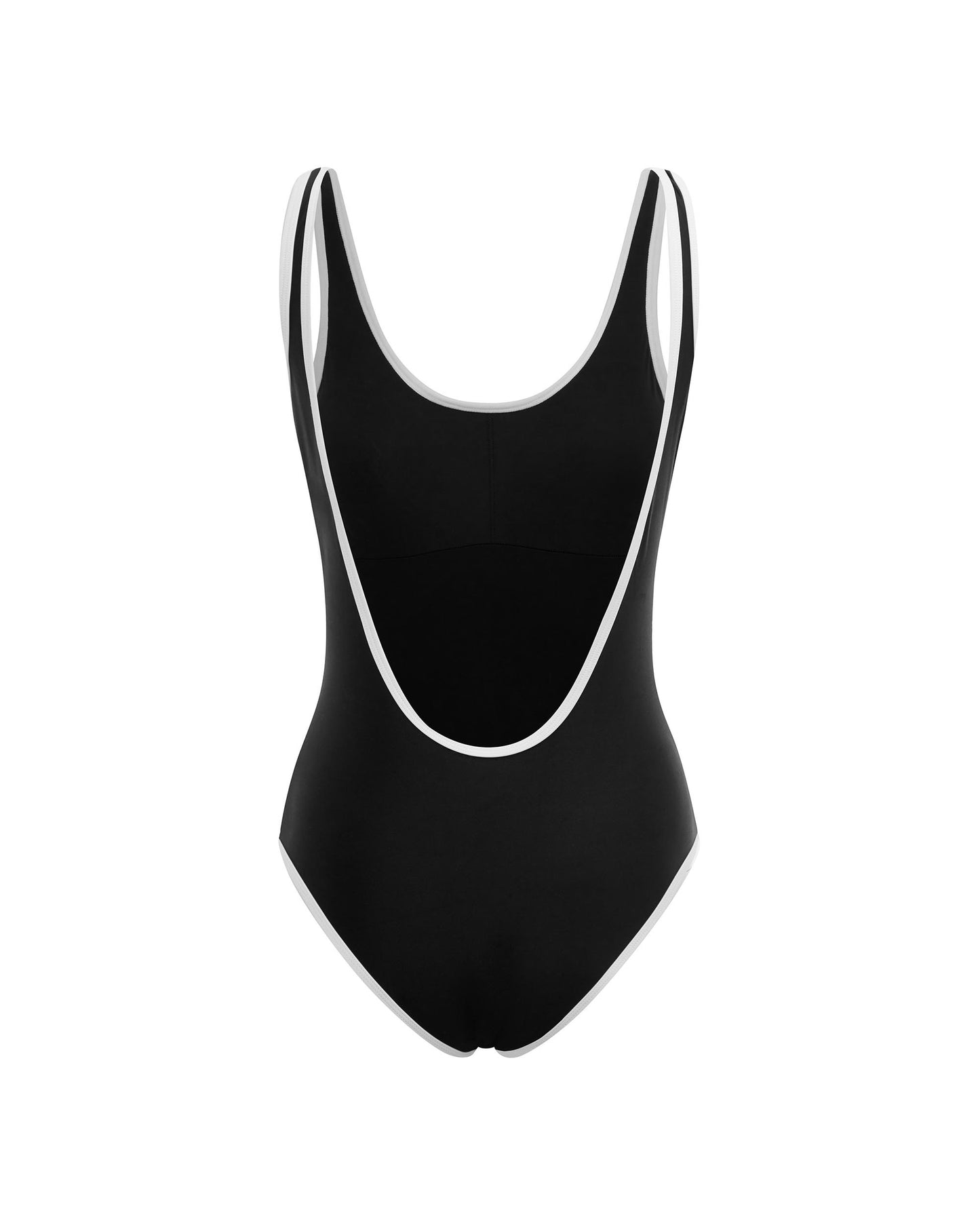 Studio image of the Backless Duo One Piece in Black and White Contrast, featuring its medium bottom coverage and low back cut design. 