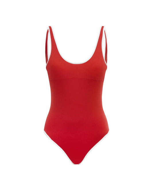 Studio image of the Backless Duo One Piece in Red and White Contrast, featuring its scooped neck and mid-high leg cut design.