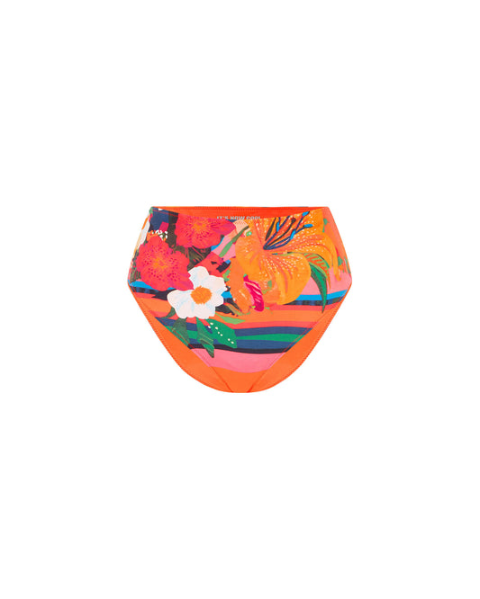 Studio image of the Waisted Pant in Loro, featuring its vibrant tropical colors and high-waisted fit.