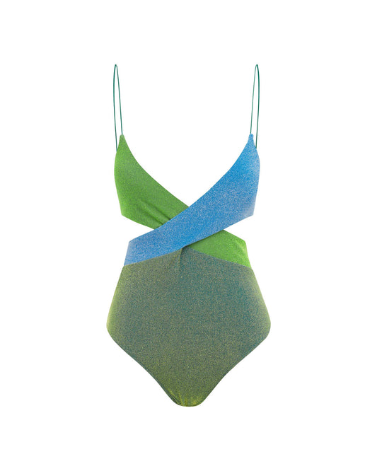 Studio image of the Riot One Piece in Oasis, featuring its three contrasting panels in ocean-inspired hues. 