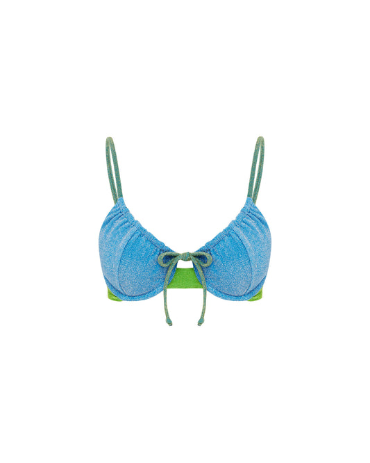 Studio image of the Push Pull Top in Oasis, featuring its adjustable front tie and balconette style. 
