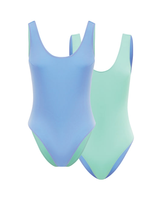 Studio image of the Contour Revo One Piece in Vista and Tiffany, showcasing its reversible design. 