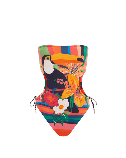 Studio image of the Strapless One Piece in Loro, featuring its adjustable side cut-outs and tropical print. 