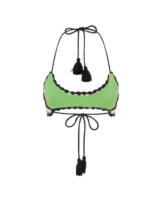 Studio image of the back of the Crochet Crop Top in Raglan, featuring its halter-neck top and adjustable tie backs. 