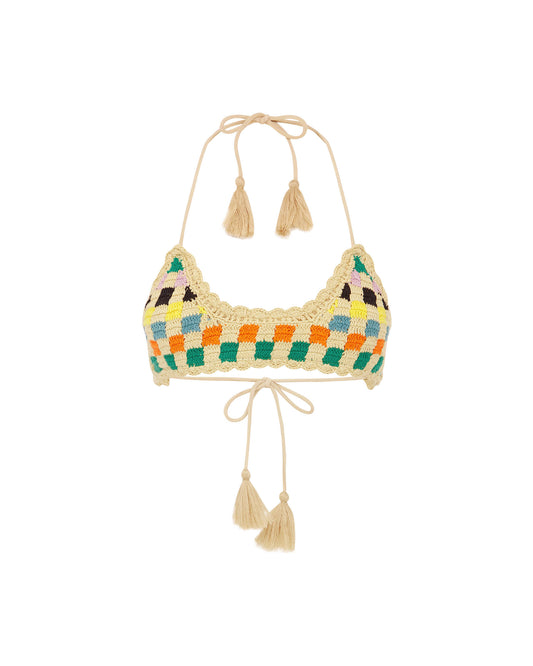Studio image of the front of the Crochet Crop Top - Sablo. 
