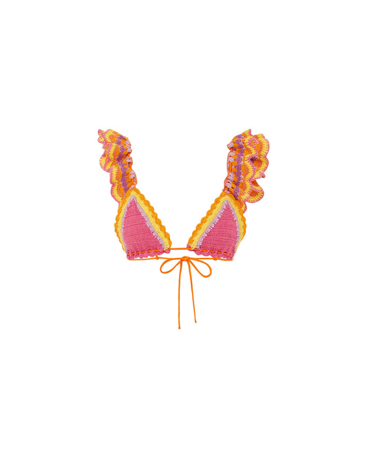 Studio image of the Crochet Frill Top in Candyland, featuring hand-crocheted design and adjustable, exaggerated frill straps.