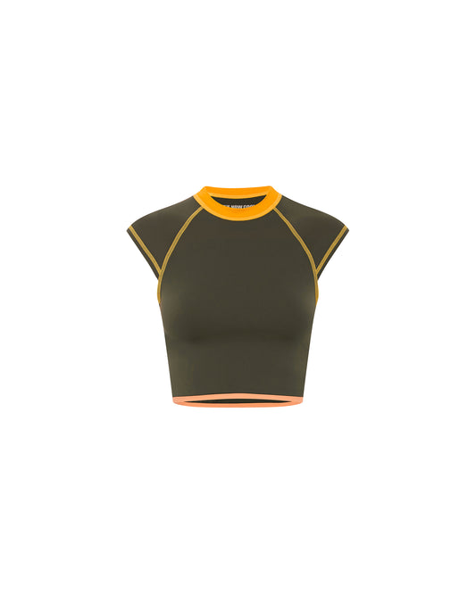 Studio image of the Contour Tee in Peaches, showcasing its cropped fitted design. 