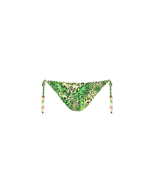 Studio image of the 90s Tie Up Pant in Iguana, featuring its green animal print and cheeky bottom coverage. 
