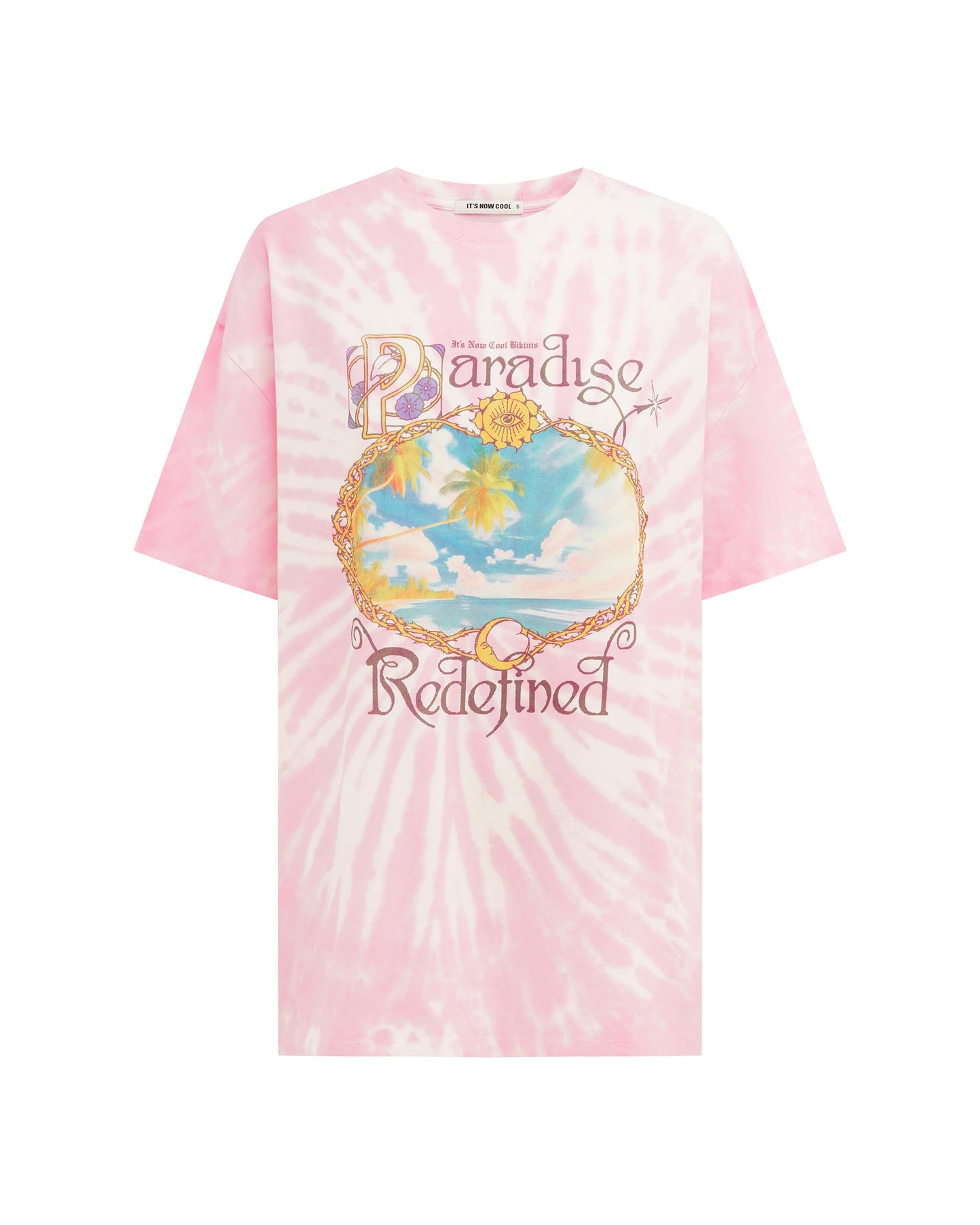 Studio image of the Signature Tee in Dynamite Paradise, highlighting the pink tie-dye base and graphic print. 