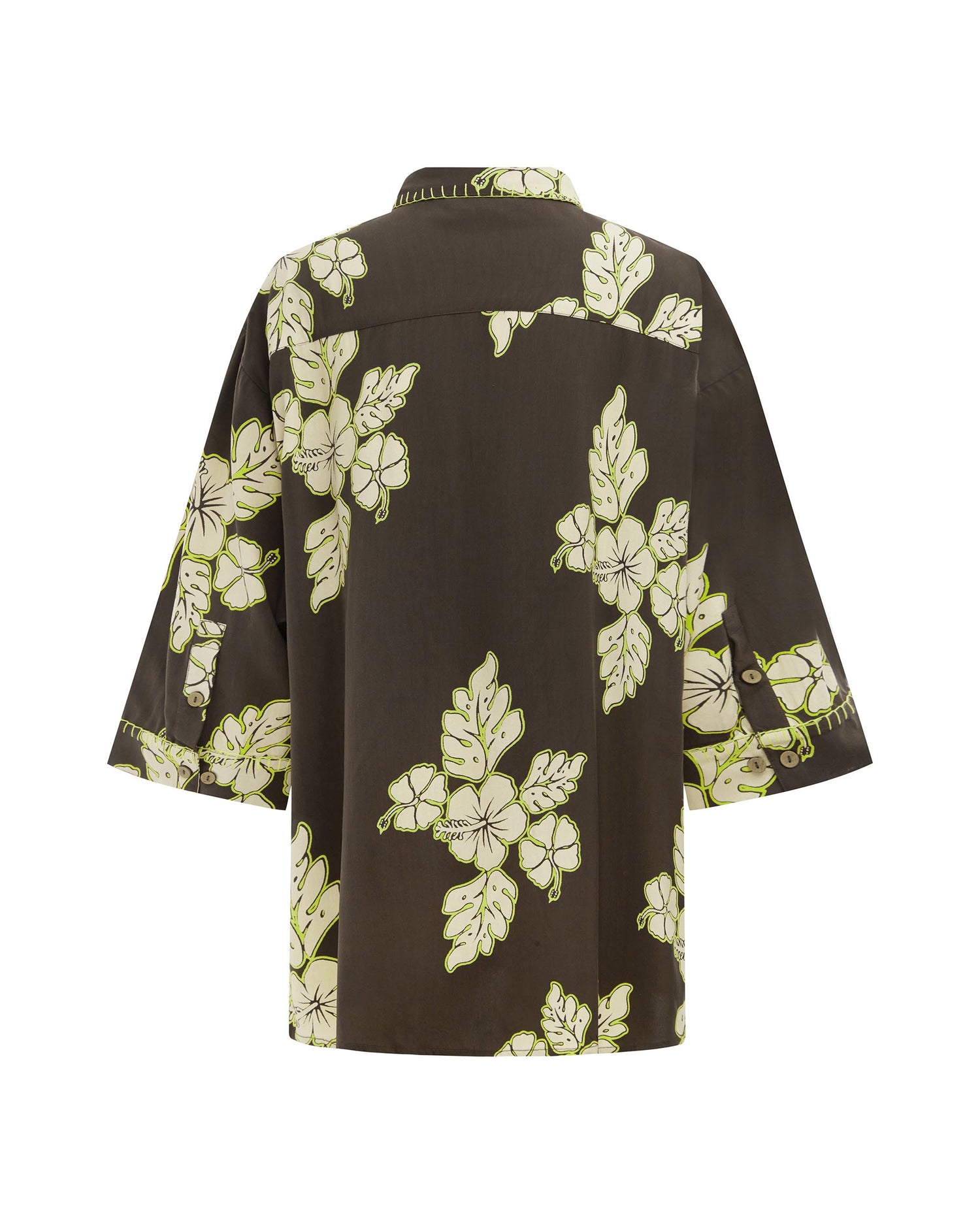 Studio image of the back of the Vacay Shirt in Hibiscus, featuring its floral print and mid-length sleeves.