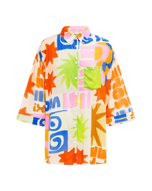 Studio image of the Vacay Shirt in relax, featuring its vacation inspired print and button up design.