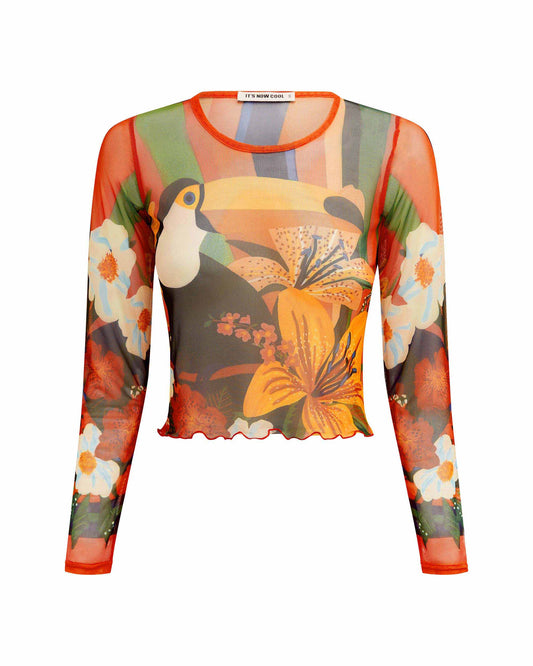 Studio image of the long sleeve Mesh Crop in Loro, featuring its tropical print and lettuce edging. 