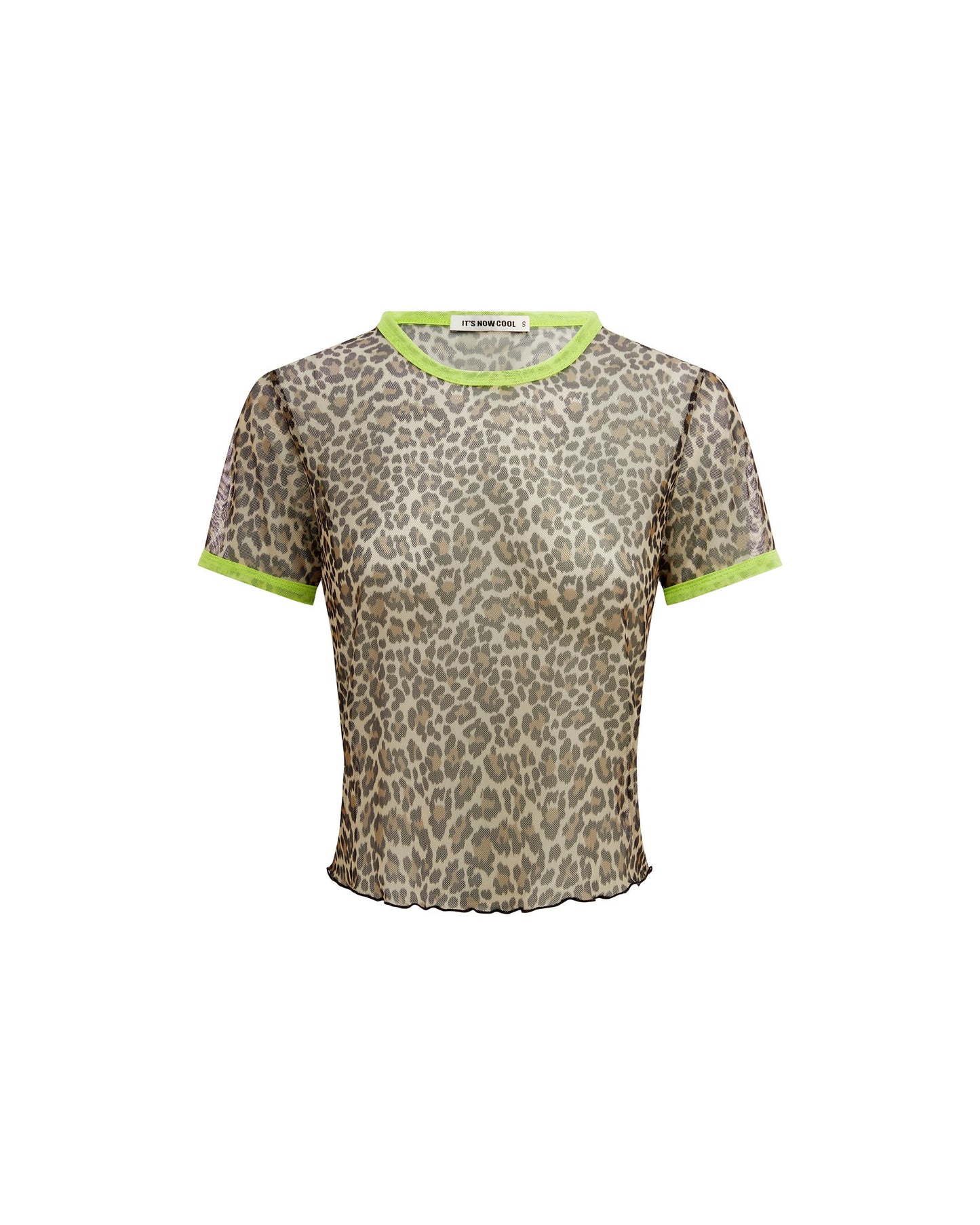 Studio image of the mesh tee in jaguar, featuring its animal print design and lettuce edging. 