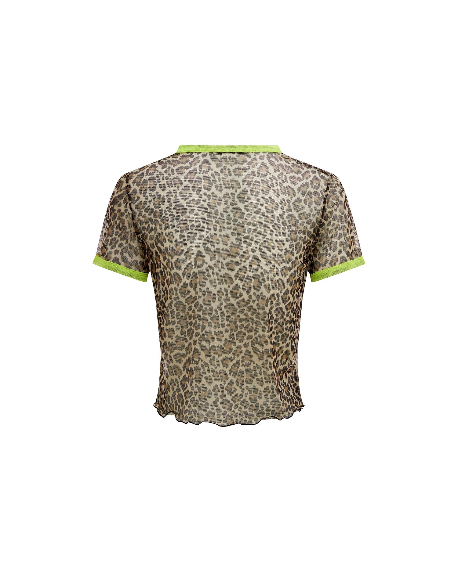 Studio image of the mesh tee in jaguar, highlighting its animal print and fitted design. 