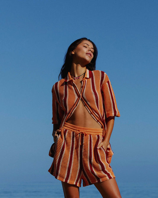 Lifestyle shot of the Crochet Shirt - Rodeo Stripe. 