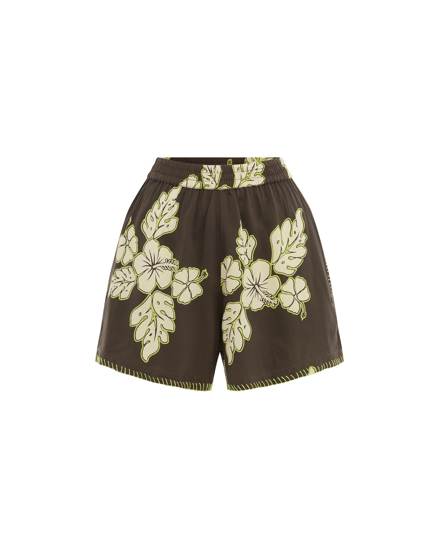 Studio image of the Vacay Short in Hibiscus, featuring its floral print and elastic waist band. 