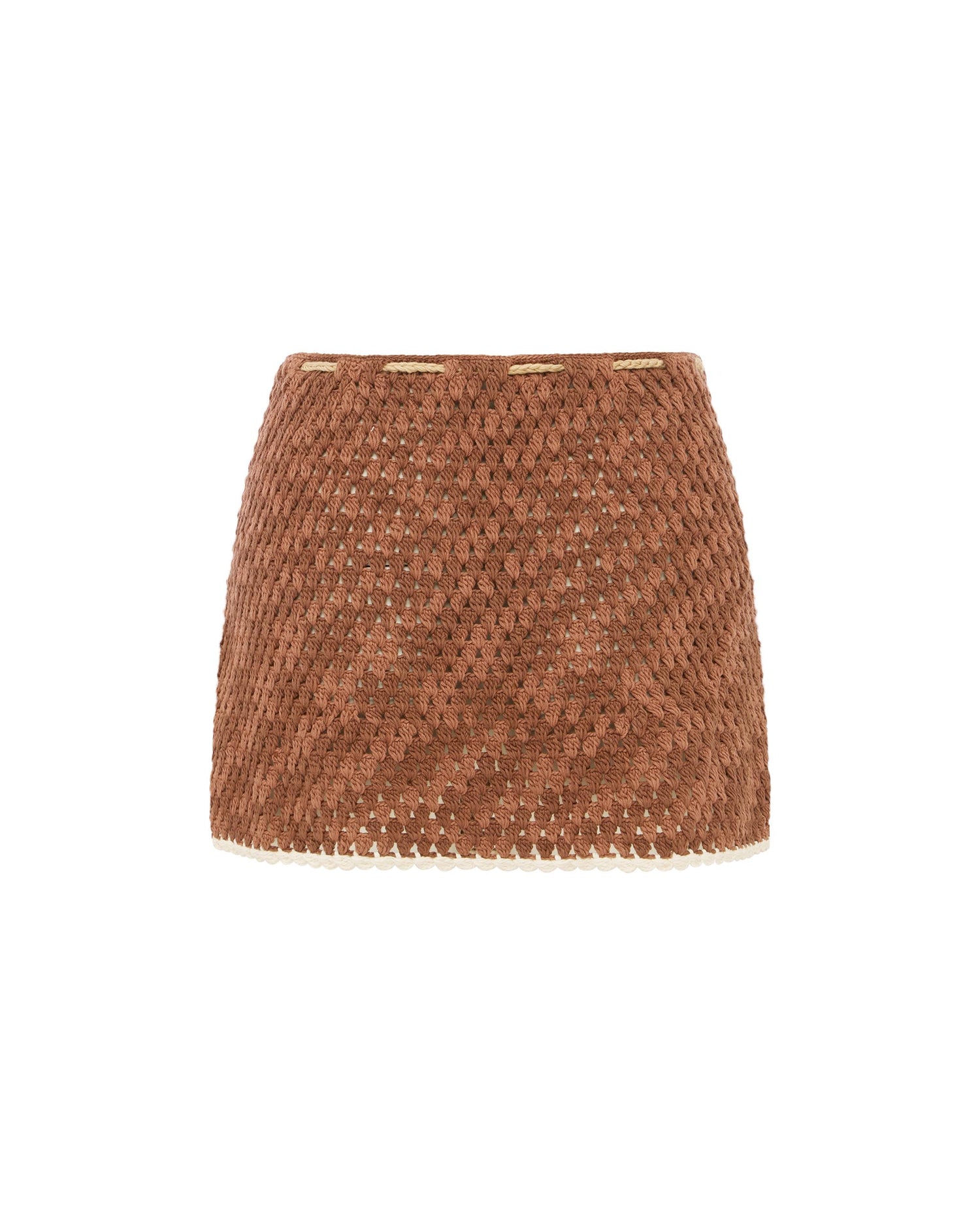 Studio image of the back of the Mini Crochet Skirt in Azul. 