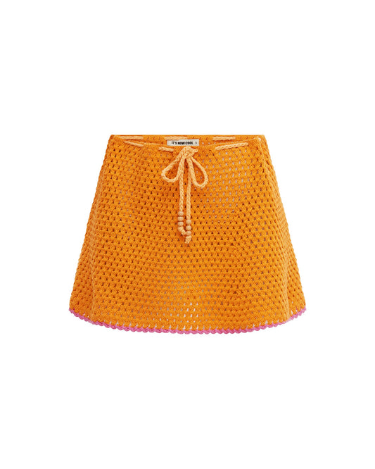 Studio image of the Mini Crochet Skirt in Candyland, featuring its drawstring waist and hand-crocheted design. 