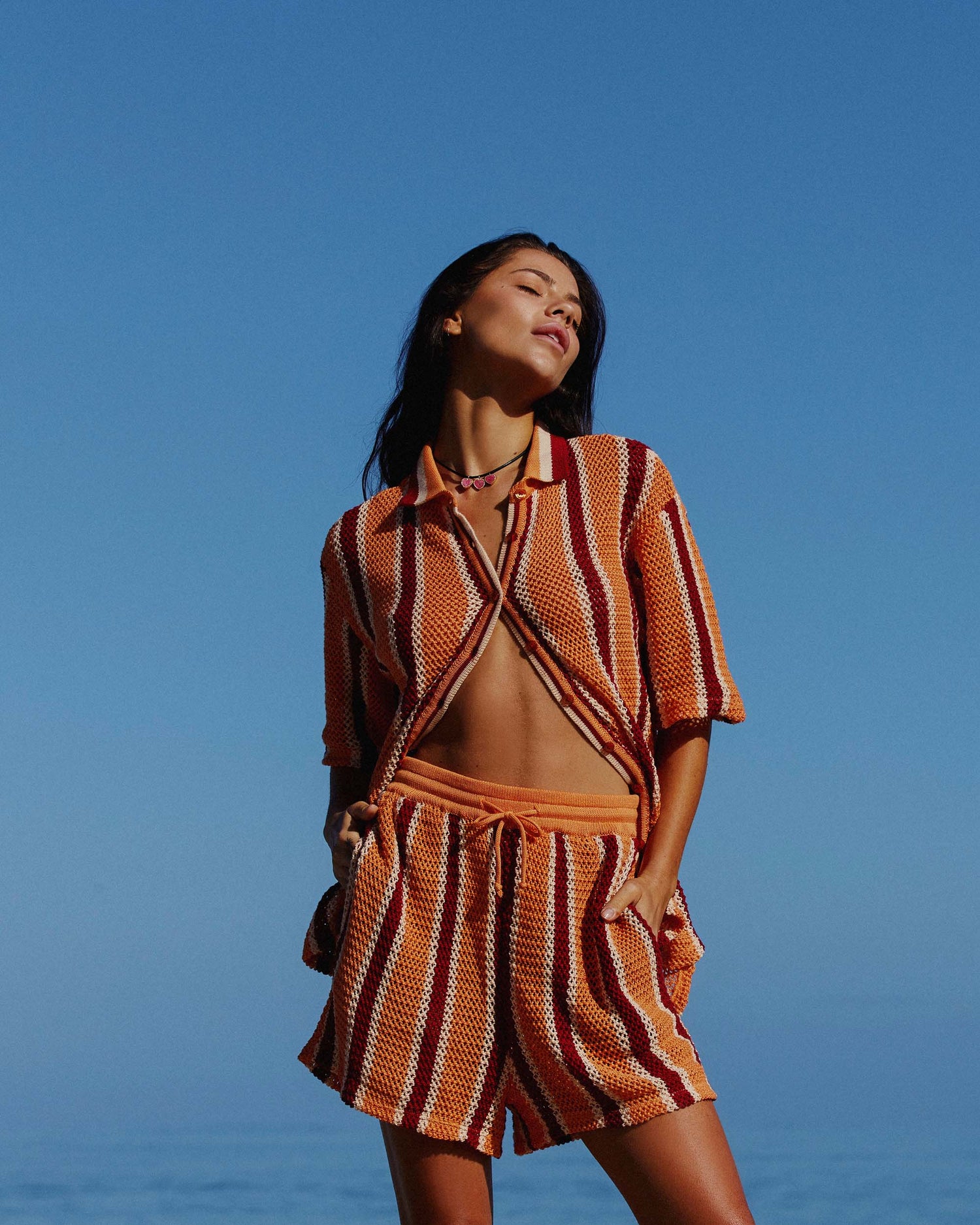Lifestyle shot of the Crochet Short - Rodeo Stripe. 