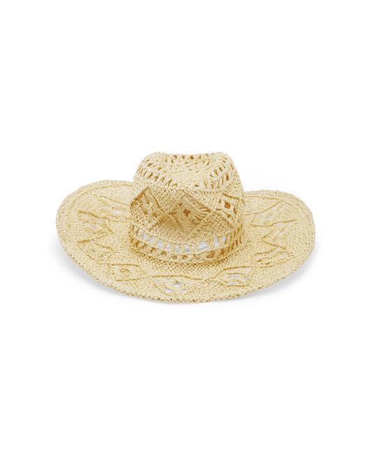 Studio image of the Cowboy hat in Natural, featuring its straw material. 