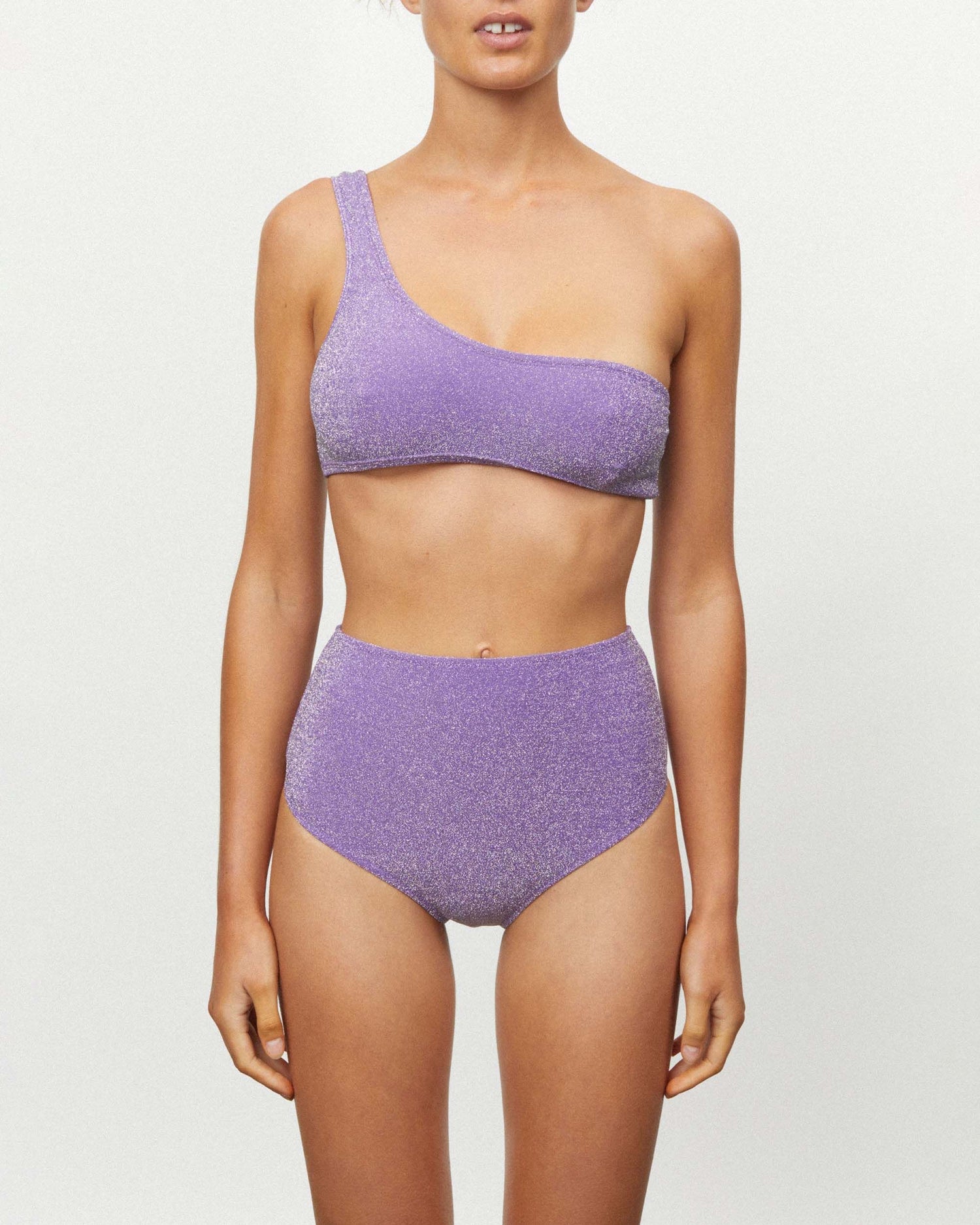 On body front of THE ASYMMETRIC TOP - VIOLET LUREX